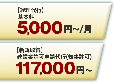 経理代行 基本料 5,000円～/月, 新規取得 建設業許可申請代行(知事許可) 117,000円～