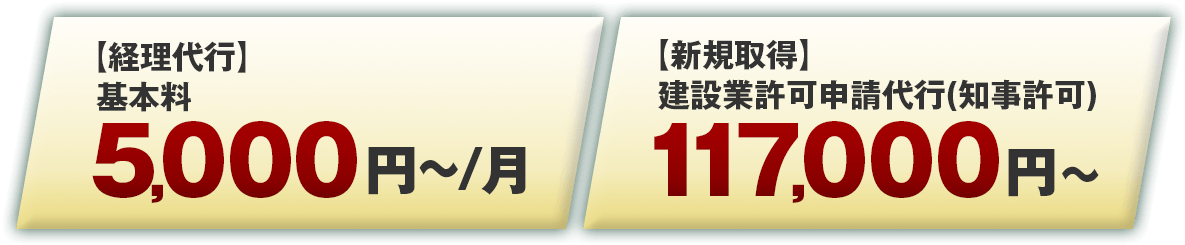 経理代行 基本料 5,000円～/月, 新規取得 建設業許可申請代行(知事許可) 117,000円～