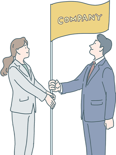 COMPANYと書いてある一本の旗を男女が支えている