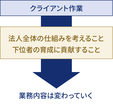 クライアント作業から法人全体の仕組みを考えること、下位者の育成に貢献することへと業務内容は変わっていく。